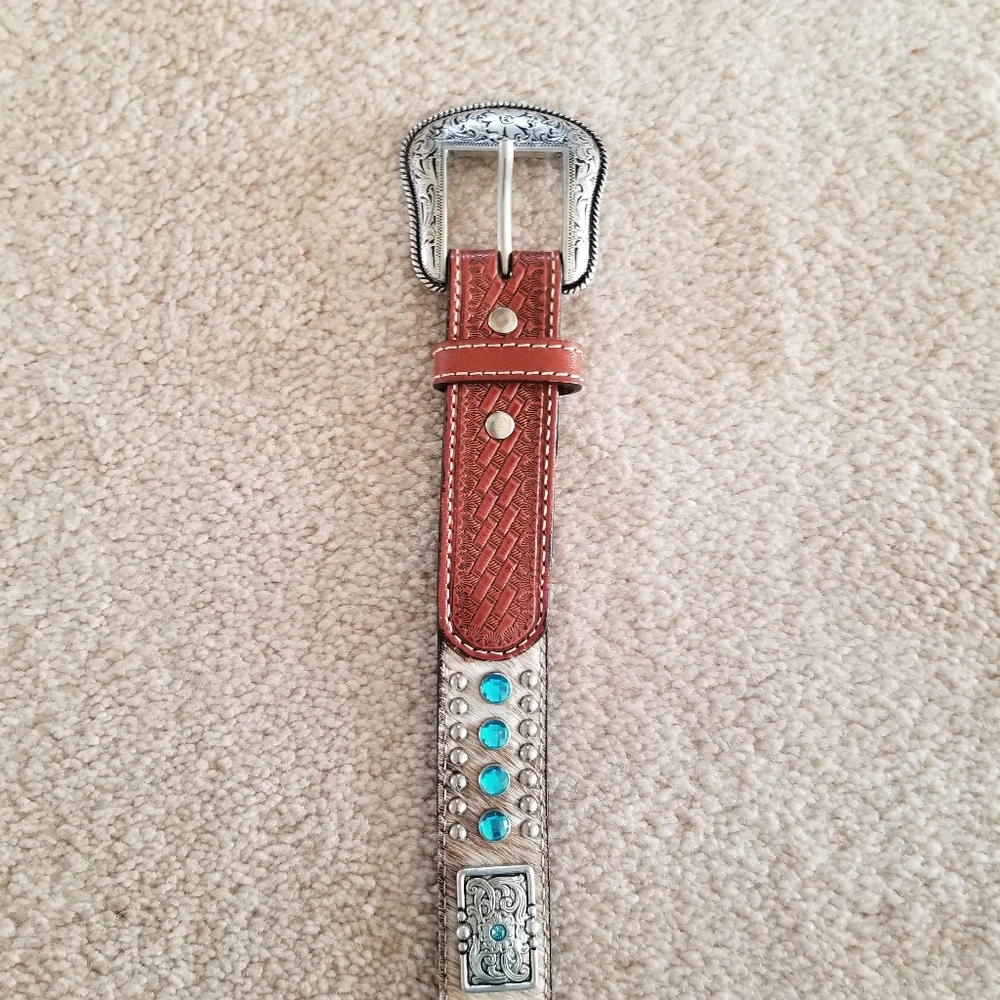 Nocona Kid's Rhinestone and Concho Leather Cow Hair Belt Size 22